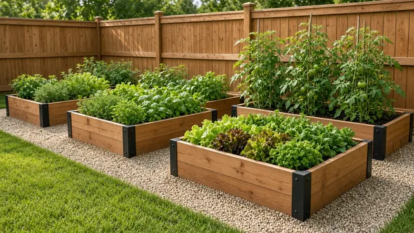 Cedar raised vegetable garden beds with metal corners and gravel paths in a backyard