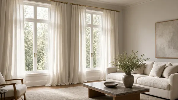 Drapery rod mounted high and wide over tall living room windows with linen curtains
