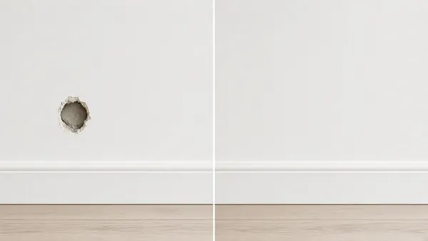 Drywall patch repair before and after, sanded, primed and color-matched