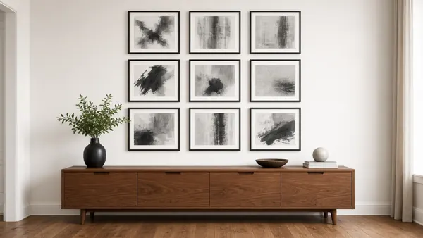 Gallery wall of framed art in a living room