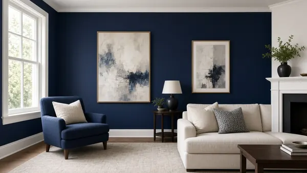Navy accent wall with a crisp, hand-cut line at the white ceiling