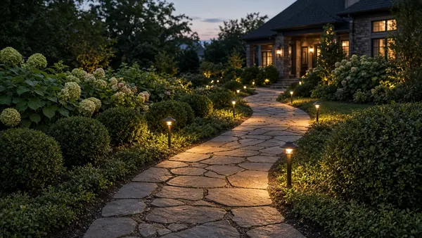 Low-voltage path lights evenly spaced along a garden walkway at dusk