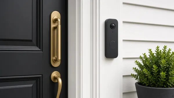 Video doorbell installed neatly beside a black front door with brass hardware