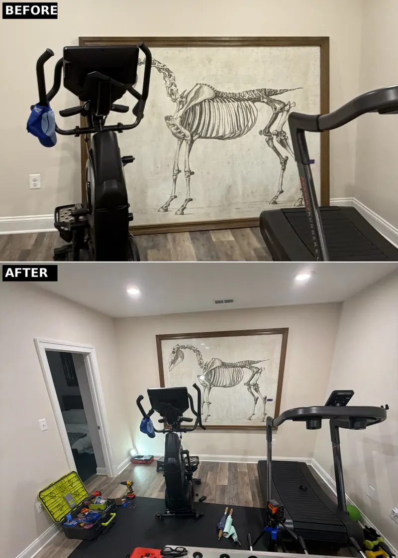 Drywall repair McLean VA homes we work in: large horse art hung level in a McLean gym room, before and after